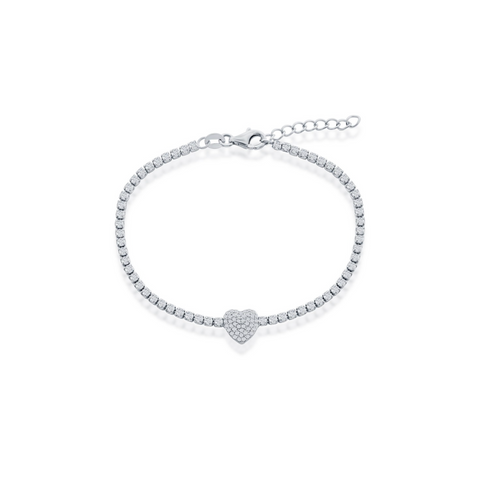 Sterling silver cz tennis bracelet with a cz heart pendant.