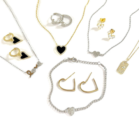 A variety of xo, heart and love sterling silver or vermeil over sterling silver rings, necklaces, bracelets and earrings.