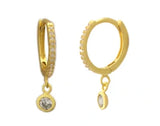 Vermeil over sterling silver mini cubic zirconia huggie earring with a dangling round cz bezel.