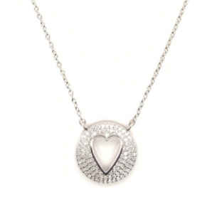 Sterling silver pave cz disc with an open heart in the middle.