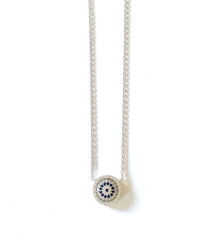 Sterling silver evil eye necklace with clear and colored sapphire cz stones.