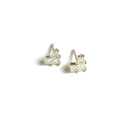 Vermeil over sterling silver heart sud earrings with three square cubic zirconias.