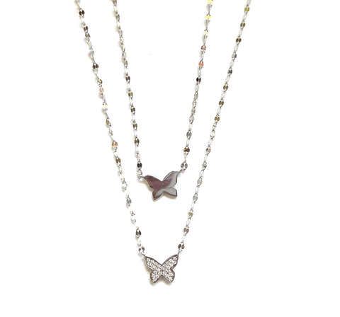 Sterling silver double mirror chain with a butterfly on each chain, the shorter necklace has a sterling silver butterfly and the longer chain has a sterling silver and cz butterfly.