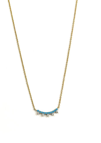Vermeil over sterling silver turquoise cz curved bar with dangling cz stones.