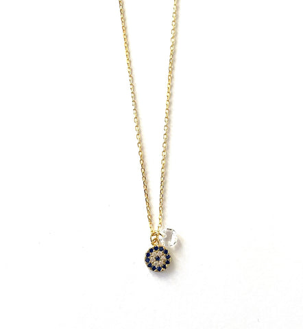 Vermeil over silver clear and sapphire colored cz's  evil eye with dangling crystal