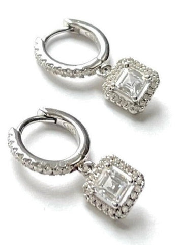 Sterling silver mini cz huggies with dangling square halo.