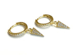 Vermeil over sterling silver cz huggie earrings with a dangling cz inverted triangle.