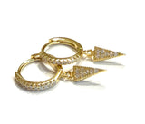 Vermeil over sterling silver cz huggie earrings with a dangling cz inverted triangle.