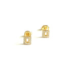 Vermeil over sterling silver lock stud earrings with clear cubic zirconia stones.