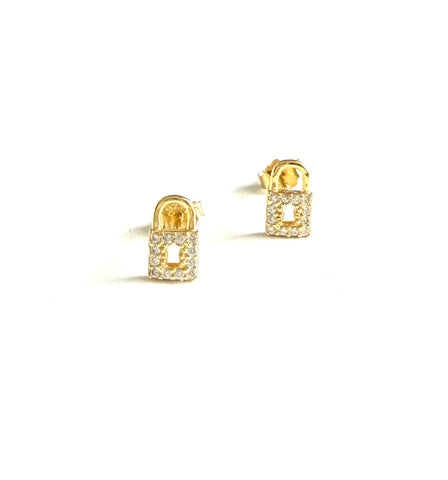 Vermeil over sterling silver lock stud earrings with clear cubic zirconia stones.