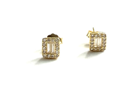 Vermeil over sterling silver emerald shaped stud earrings with cubic zirconia stones.
