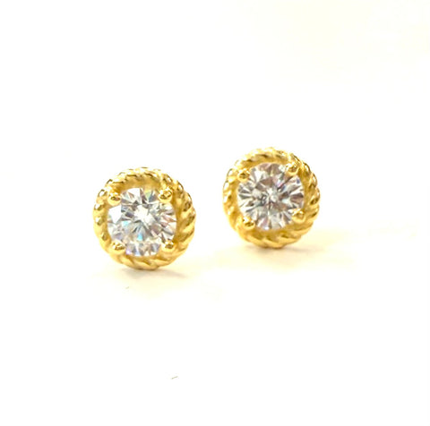 Vermeil over sterling silver cz round stud earring with a braided gold trim.