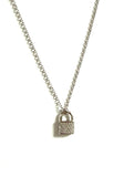 Sterling silver chain necklace with a cubic zirconia lock pendant.