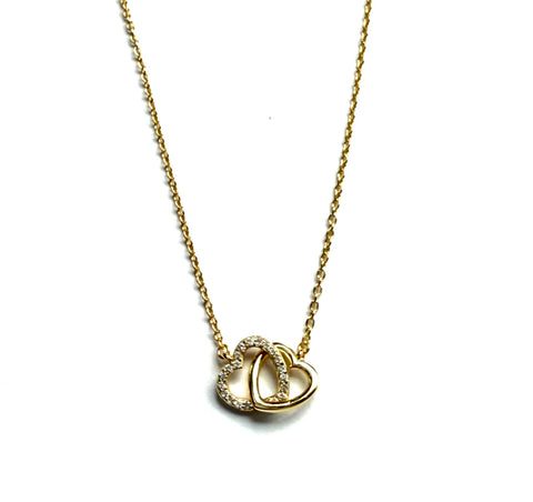 Vermeil over sterling silver chain necklace with a cubic zirconia interlocking heart pendant.