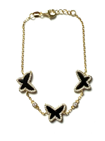 Vermeil over sterling silver chain bracelet with cubic zirconia stones and three enamel butterflies. 