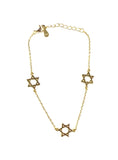 Vermeil over sterling silver chain bracelet with three star of david pendants going around.