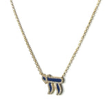 Vermeil over sterling silver chain necklace with a blue enamel and cz chai pendant.