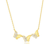 Vermeil over sterling silver double sided cubic zirconia triple butterfly necklace.  One side has a small marquis cubic zirconia in the center of each butterfly, the other side has a 1/2 gold and 1/2 cubic zirconia butterflies.