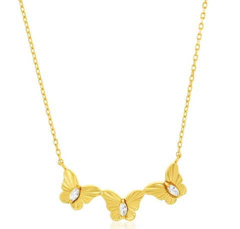 Vermeil over sterling silver double sided cubic zirconia triple butterfly necklace.  One side has a small marquis cubic zirconia in the center of each butterfly, the other side has a 1/2 gold and 1/2 cubic zirconia butterflies.