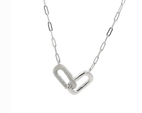 Sterling silver paperclip chain with a cz interlocking oval necklace.