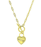 Vermeil over sterling silver toggle necklace with a ridged cz heart pendant and a paperclip chain.