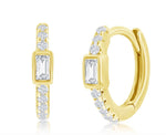 Vermeil over sterling silver mini CZ Huggie earrings with a rectangle cz stone in the middle.