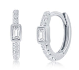 Sterling silver mini CZ Huggie earrings with a rectangle cz stone in the middle.