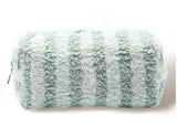 Tan striped sherpa makeup bag with a zipper closure.