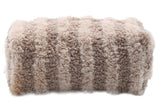Tan striped sherpa makeup bag with a zipper closure.
