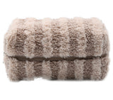 Tan striped sherpa makeup bag with a zipper closure.
