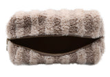 Tan striped sherpa makeup bag with a zipper closure.