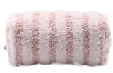 Pink striped sherpa makeup bag with a zipper closure.
