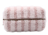 Pink striped sherpa makeup bag with a zipper closure.