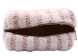 Pink striped sherpa makeup bag with a zipper closure.