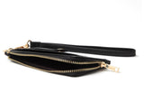 Black basketweave wristlet with card holder and zip up wallet .     