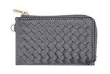 Grey basketweave faux leather wristlet with card holder and zip up wallet .  