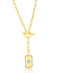 Vermeil over sterling silver toggle necklace with a rectangle dog tag with cubic zirconia stones.