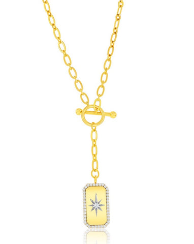 Vermeil over sterling silver toggle necklace with a rectangle dog tag with cubic zirconia stones.