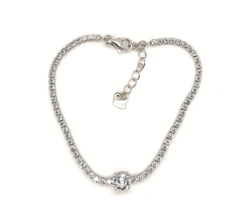 Sterling silver tennis bracelet with a round cz prong stone in the  middle.