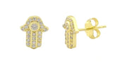 Vermeil over sterling silver hamsa stud earrings with cubic zirconia stones.