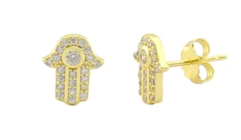 Vermeil over sterling silver hamsa stud earrings with cubic zirconia stones.