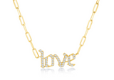 Vermeil over sterling silver cz pave love necklace on a paperclip chain.