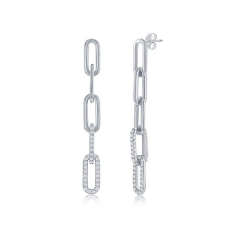 Sterling silver paperclip and cz drop earrings with a post back closure