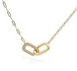 Vermeil over sterling silver paperclip chain with a cz interlocking oval necklace.