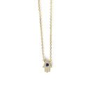 Vermeil over sterling silver cz mini hamsa necklace with a colored sapphire cz stone in the middle
