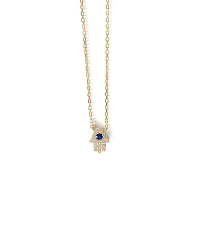 Vermeil over sterling silver cz mini hamsa necklace with a colored sapphire cz stone in the middle