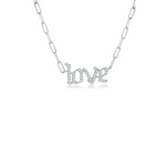 Sterling silver cz pave love necklace on a paperclip chain.