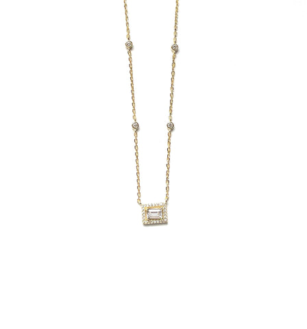 Vermeil over sterling silver CZ rectangle halo with CZ by the yard necklace.