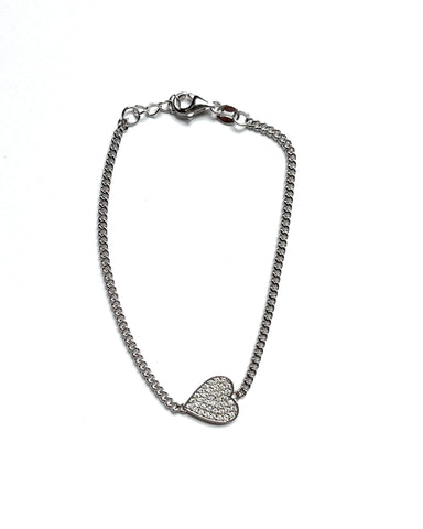 Sterling silver cz sideways pave heart and cuban chain bracelet.