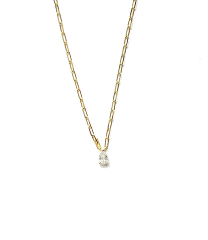 Vermeil over sterling silver or sterling silver paperclip chain with cz pear shaped stone.